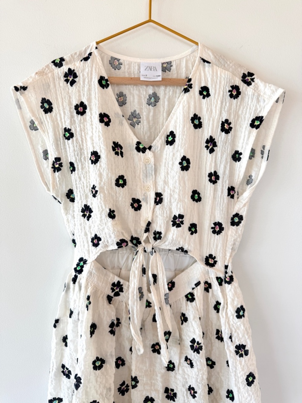 Zara Girls Floral Cutout Knotted Textured Dress Ecru Black Size 7 Cotton - Picture 6 of 12